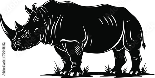 Flat vector illustration of black rhinoceros standing on grass, wildlife animal art, detailed rhino drawing, nature vector, endangered species, safari illustration, wild mammal art