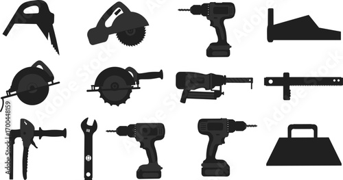 Construction hand tools and power tools silhouette, drill, saw, wrench, equipment for repair, building, DIY, vector illustration