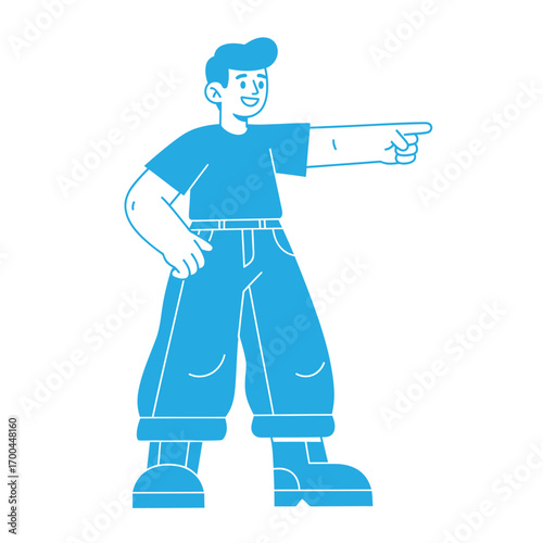 Man pointing finger isolated on white background in line art style illustration