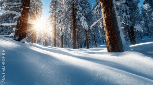 A picturesque winter forest scene illuminated by sunlight, featuring snow-covered trees and a serene atmosphere that embodies the beauty of nature in winter.