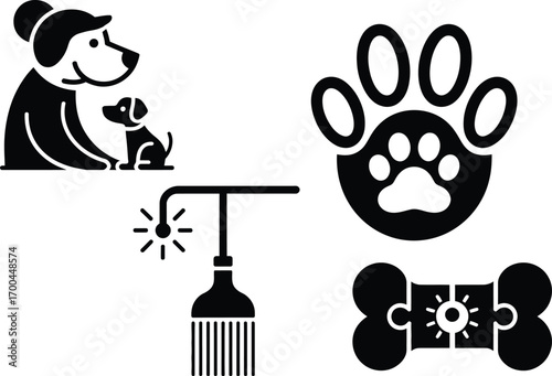 Dog care icons: grooming, paw prints, and bone perfect for pet businesses and animal lovers