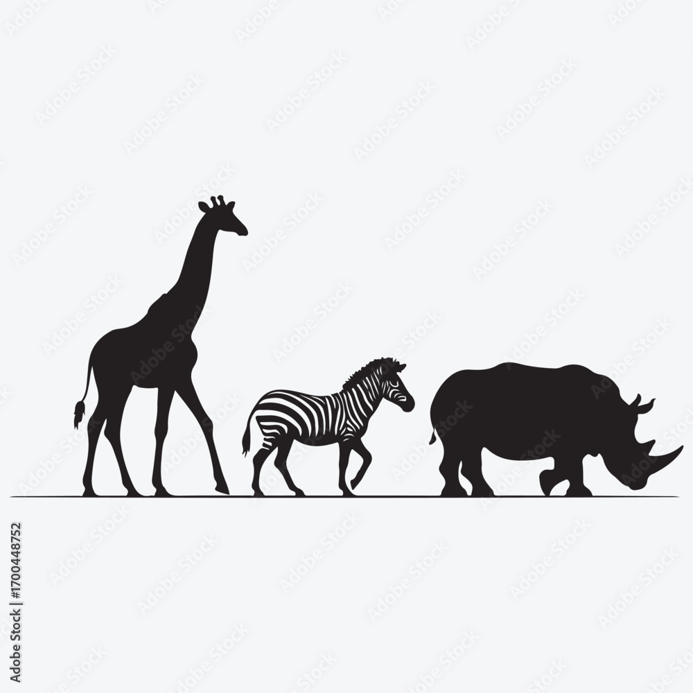 Fototapeta premium Black silhouette of a giraffe zebra and rhinoceros walking in a line animal