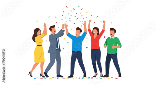 A diverse group of cheerful business colleagues celebrates a significant professional achievement with vibrant confetti, symbolizing collective success and joyful collaboration.
