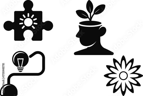 Creative thinking and innovative ideas symbolized by plant, puzzle, lightbulb, and flower icons