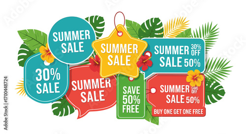 A vibrant collection of summer sale labels and discount tags, adorned with tropical foliage, perfect for seasonal promotions and marketing campaigns.