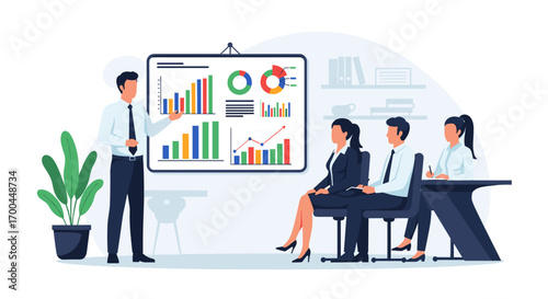 A professional male presenter delivers an engaging business presentation with colorful data visualizations to attentive colleagues in a modern office meeting.