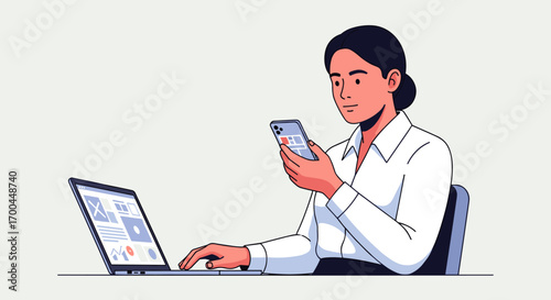 A focused woman efficiently manages her professional tasks, multitasking between a laptop and a smartphone in a modern, flat vector illustration.