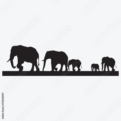 Black silhouette of a herd of elephants walking in a line on a white background family