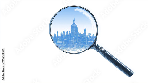 Magnifying Glass with Blue Cityscape for Urban, Exploration and Detail Themes