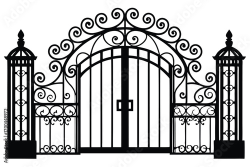 Ornate Wrought Iron Gate with Scrolling Details and Decorative Pillars in Black Silhouette
