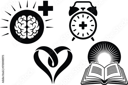 Mindfulness, mental health, and healthy habits symbols for wellness and education concepts