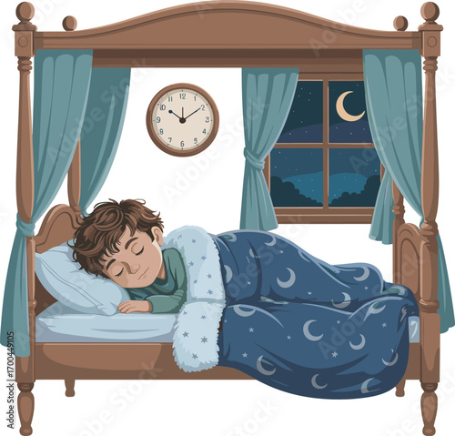Boy sleeping peacefully in cozy four-poster bed with moon stars blanket, nighttime, calm bedroom, restful sleep, peaceful night, child sleeping comfortably