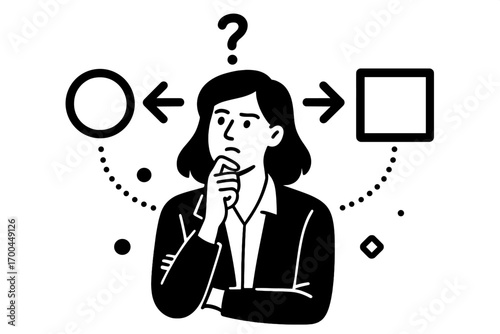 Confused businesswoman with a question mark making a difficult choice between two different paths or options