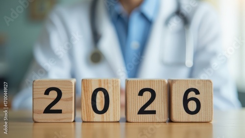 Wallpaper Mural wooden cubes with the number 2026 written on them. A doctor's silhouette is blurred in the background Torontodigital.ca
