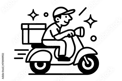 Minimalist black and white icon of a courier on a scooter delivering a package for a fast food or parcel delivery service