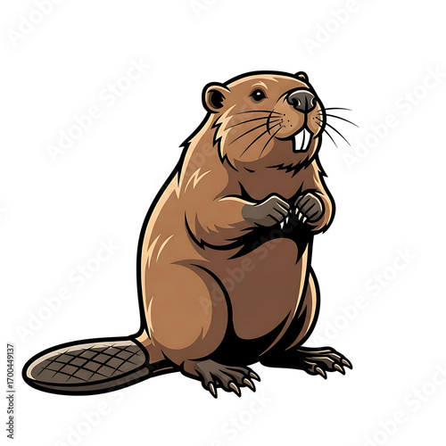 Cute cartoon beaver standing on hind legs, with big teeth and a flat tail, vector mascot illustration isolated on white background.
