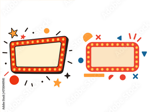 Retro marquee light bulb signs with blank frames for text, vintage cinema and theater announcement banners with glowing lamps and abstract decorative elements
