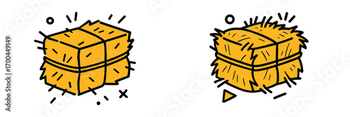 Set of two cartoon hay bale icons isolated on a white background for farm and agriculture design elements