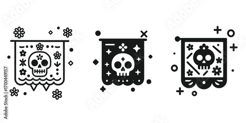 Set of Papel Picado icons with sugar skulls for Dia de los Muertos Mexican holiday celebration in a simple black and white glyph style