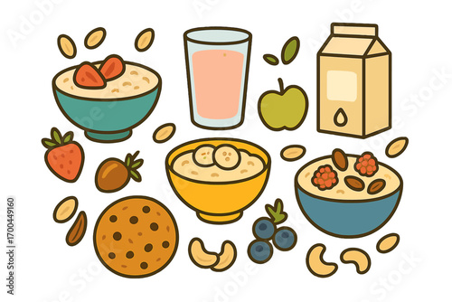 Collection of healthy breakfast food icons including oatmeal bowls with fruit and nuts, plant-based milk, fresh juice, and a cookie