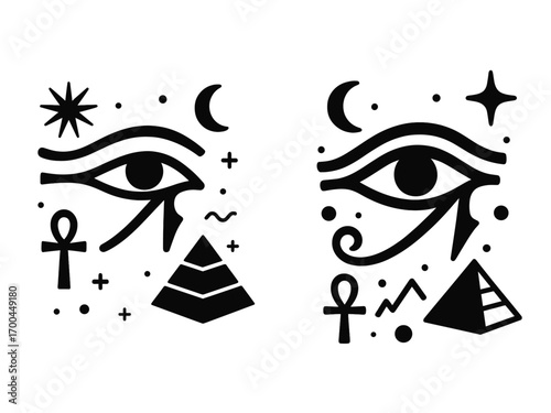 Minimalist Eye of Horus compositions featuring ancient Egyptian symbols like the pyramid, ankh, moon, and stars in a black and white graphic style