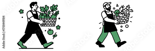 Two male farmers carrying baskets overflowing with fresh organic vegetables from a local market promoting sustainable agriculture and healthy eating