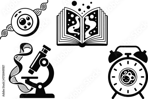 Science and education icons representing research, knowledge, and biological discovery concepts
