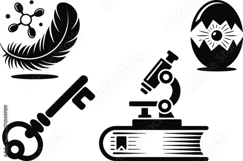 Elegant science and discovery icons with key, feather, microscope and hatching egg symbols