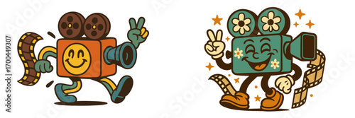 Set of retro groovy cartoon movie camera characters walking with film strips and making peace signs, vintage cinema mascots with happy faces