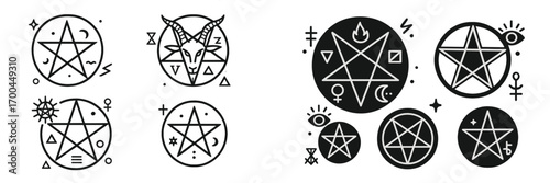 Set of black and white occult symbols with pentagrams, Baphomet goat head, and esoteric magical icons for witchcraft and mystical design