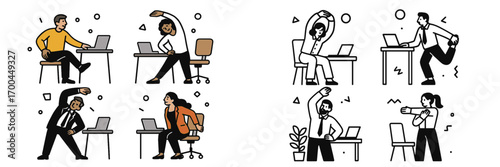 Set of diverse office workers stretching at their desks for workplace wellness and ergonomic health, simple character icons for corporate fitness and exercise breaks