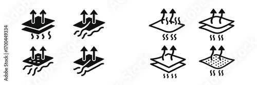 Breathable fabric property icons set for waterproof, moisture-wicking, and quick-dry materials with multi-layer technology symbols