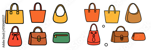 A diverse collection of colorful women's handbags and purses in various styles including tote, satchel, and clutch for fashion and shopping