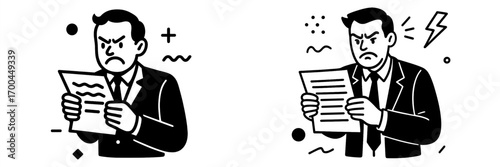 Angry businessman reading a document with bad news, feeling stressed and frustrated about the contract terms
