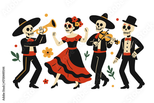 Day of the Dead celebration with dancing Catrina and mariachi skeletons playing music for a traditional Mexican holiday festival