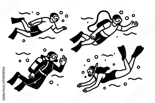 Set of black and white scuba diver and snorkeler icons swimming underwater in a simple line art style for water sports and recreation