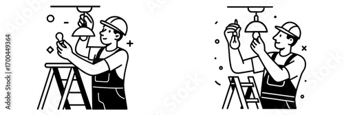 Electrician handyman character changing a light bulb on a stepladder, simple black and white line art icon set for home repair and maintenance services