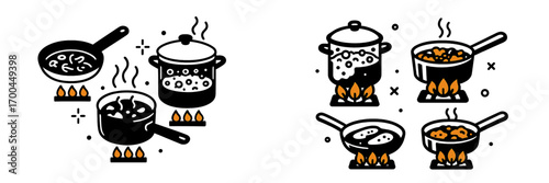 Monochrome icon set of kitchen cookware including pots and pans on a gas stove with flames for boiling and frying