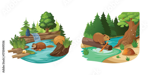 Hardworking beaver building bridge tree trunk vector art design illustration