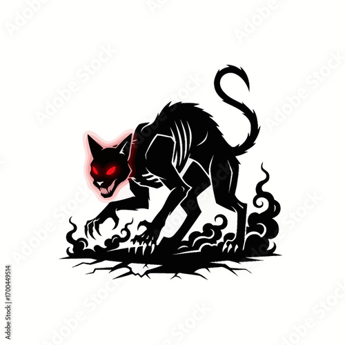 Sinister black cat silhouette with glowing red eyes and ethereal smoke elements illustration