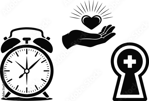 Alarm clock, open hand with he, and keyhole: Time for healthcare and helping others.