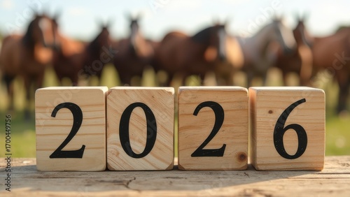Wallpaper Mural wooden cubes with the number 2026 written on them against the backdrop of a herd of horses Torontodigital.ca
