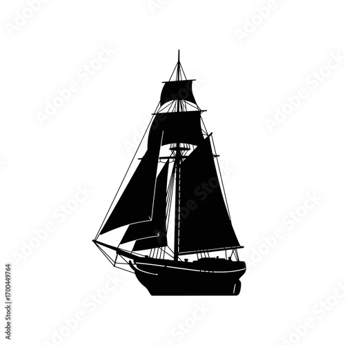Black silhouette of a sailing ship isolated on white background