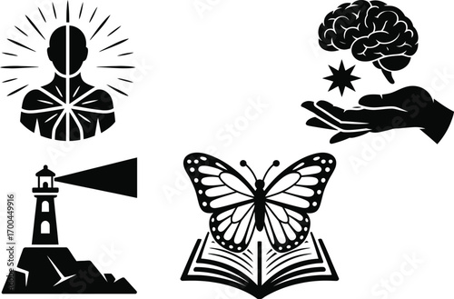 Symbolic illustrations of mind, enlightenment, knowledge, and guidance for creative projects