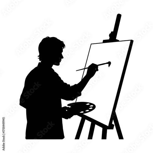 Artist painting on easel silhouette isolated on white background