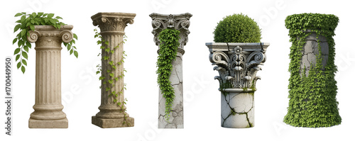 Ancient stone column set including classical, weathered, ivy-covered, and topiary designs isolated. Decorative architectural garden elements.