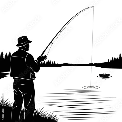 Fisherman casting rod on lake silhouette isolated on white background