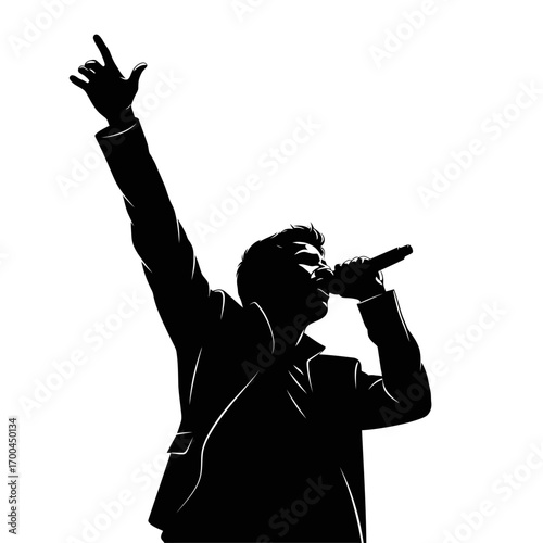 Man singing into microphone silhouette isolated on white background