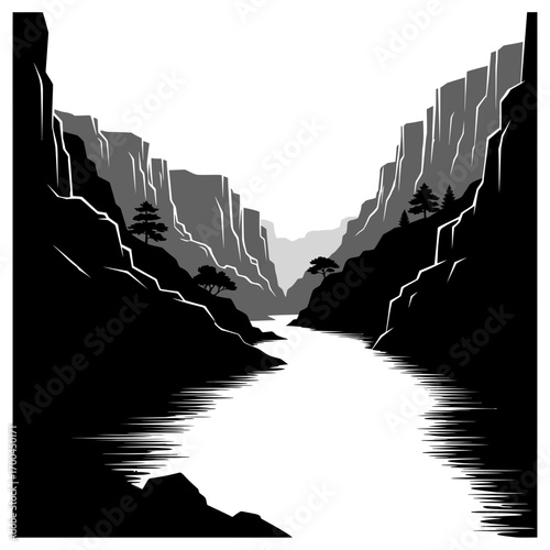 Canyon river landscape silhouette isolated on white background
