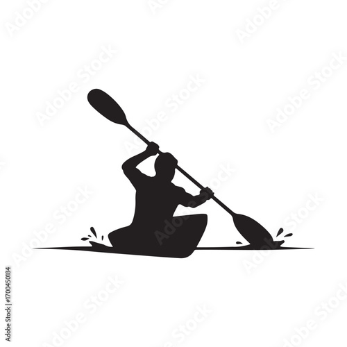 Black silhouette of a person kayaking with paddle in water splashes canoe boat